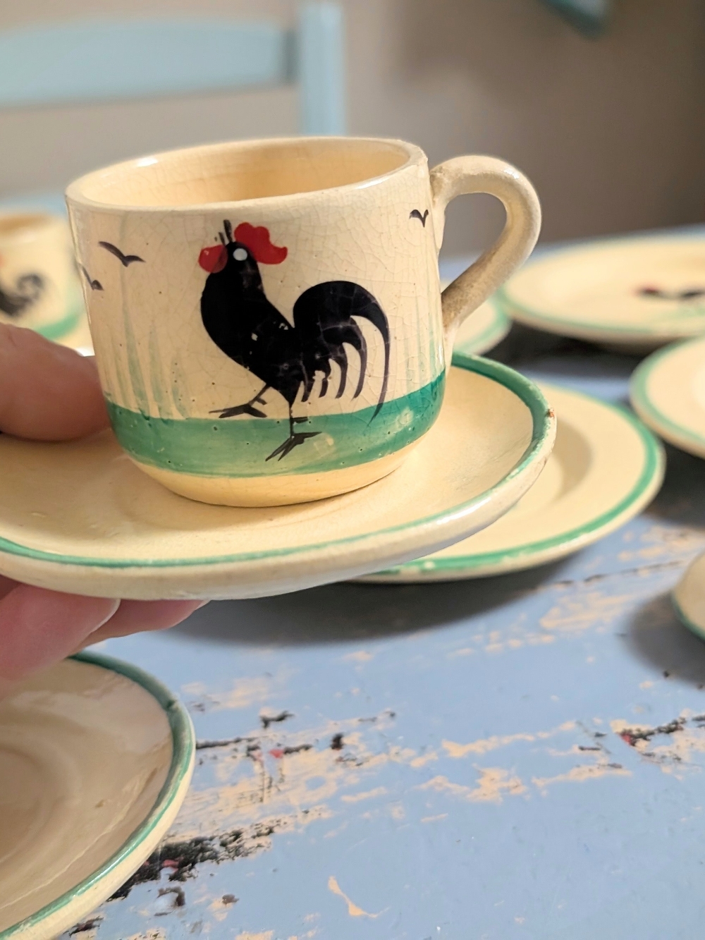 Vintage Hand Painted Rooster Miniature Tea Set Pottery Ceramic Country Farmhouse